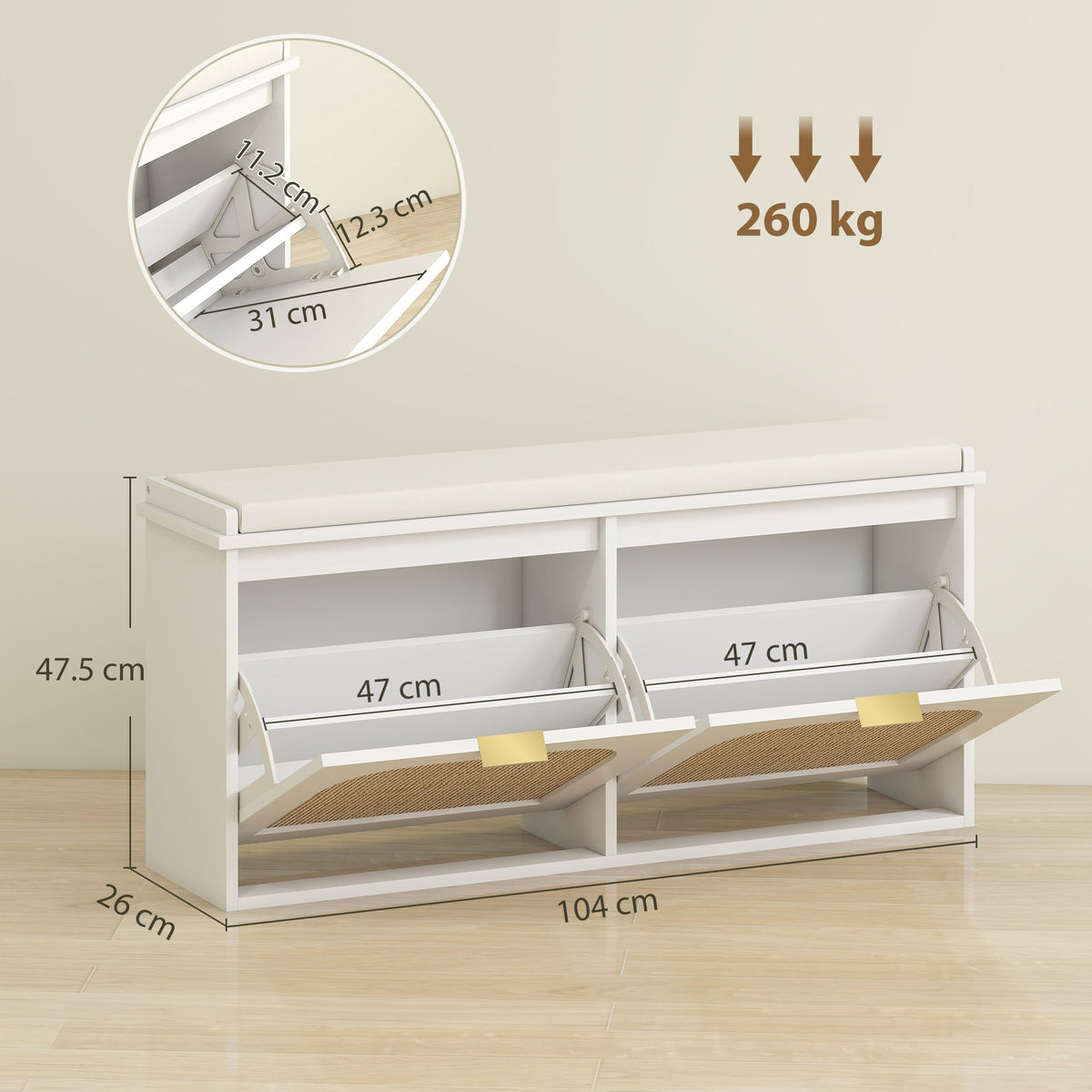 White shoe storage bench with padded seat and two flip-drawers showing dimensions