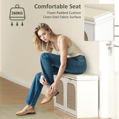 A woman sits on the comfortable padded seat of the shoe storage bench