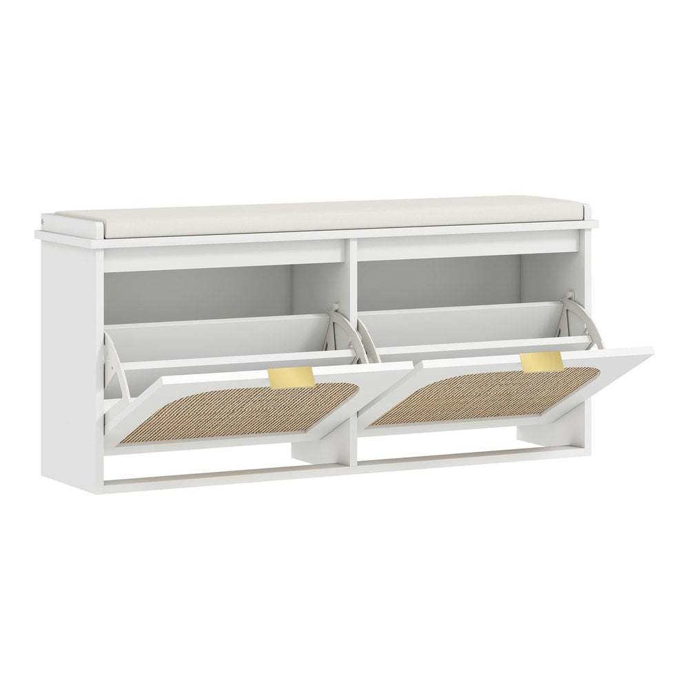 HOMCOM Boho Shoe Bench with a padded seat and two flip-drawers with rattan fronts