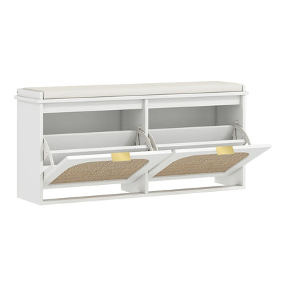 HOMCOM Boho Shoe Bench with a padded seat and two flip-drawers with rattan fronts