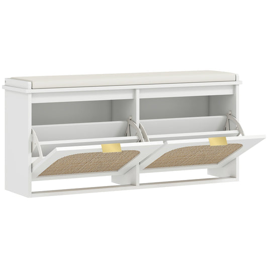 HOMCOM Boho Shoe Bench with a padded seat and two flip-drawers with rattan fronts