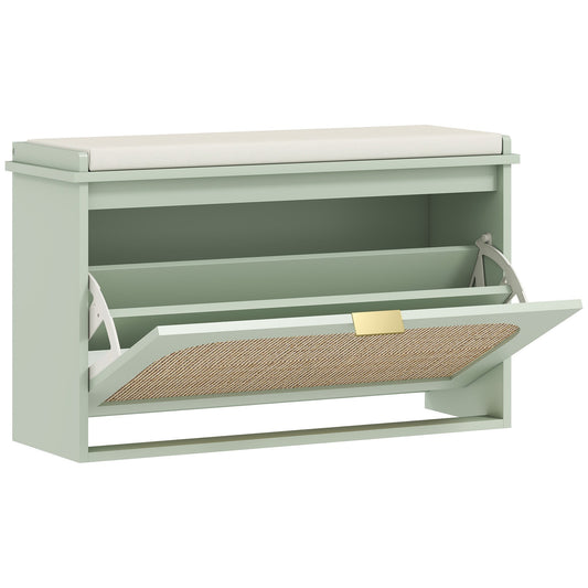 HOMCOM Boho Shoe Bench with Padded Seat and Flip-Drawer in light green with rattan detail and gold handle