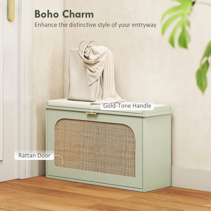 Close-up of the light green shoe storage bench showing the rattan detail on the flip-down drawer front