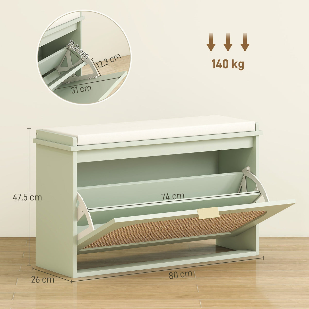 The light green shoe storage bench with dimensions shown, including height, width, and depth of compartments
