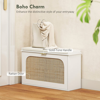 White shoe storage bench with a padded seat and a woven rattan detail on the flip-down drawer fronts