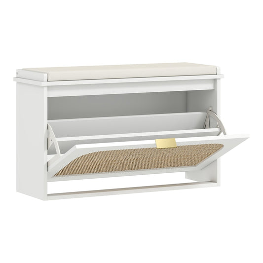 HOMCOM Boho Shoe Bench with Padded Seat and Flip-Drawer in white with a padded seat and two flip-down drawers