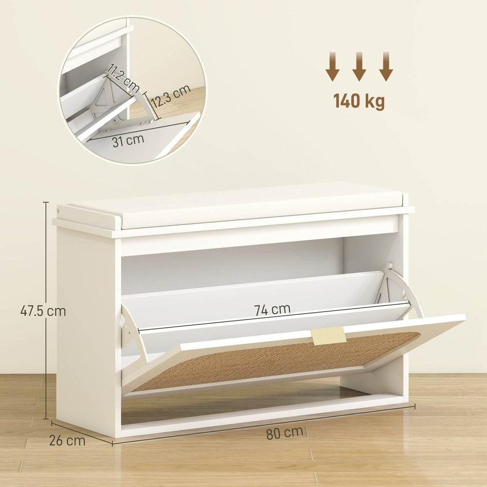White shoe storage bench with dimensions shown for height, width, and depth of drawers