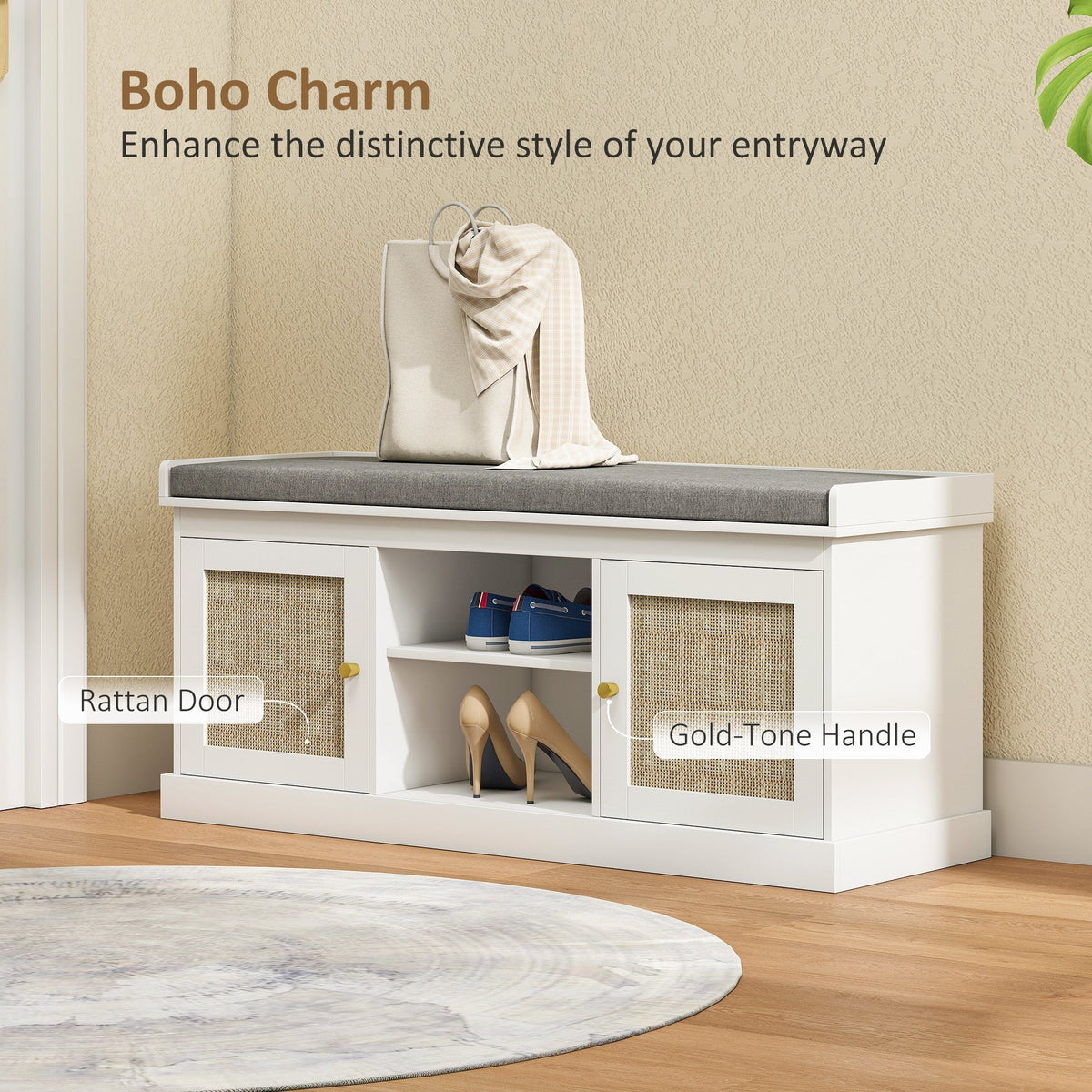 Close up of the white shoe storage bench showing rattan doors and gold handles
