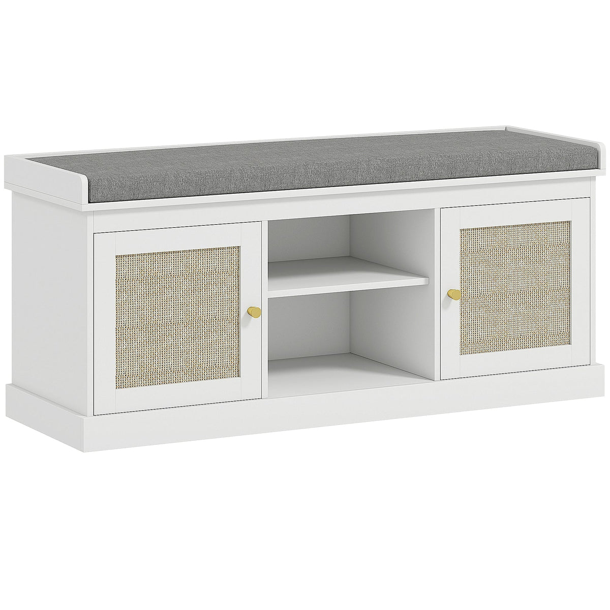 HOMCOM Boho Shoe Storage Bench with padded cushion and rattan doors in white
