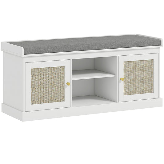HOMCOM Boho Shoe Storage Bench with padded cushion and rattan doors in white