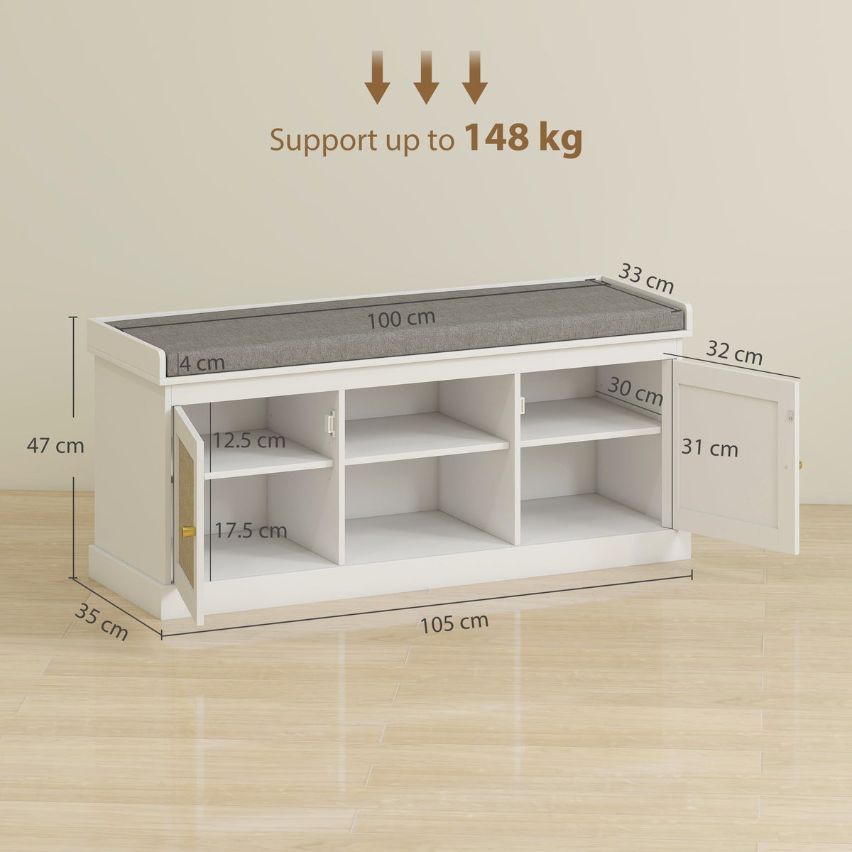White shoe storage bench with dimensions and internal shelf measurements
