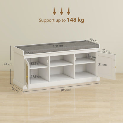 White shoe storage bench with dimensions and internal shelf measurements