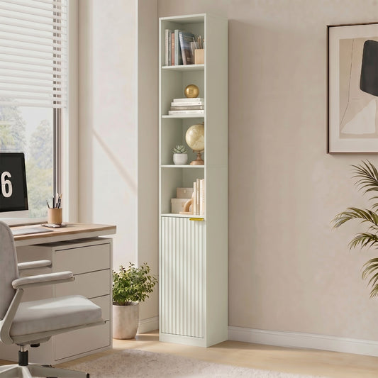 The tall storage unit placed in a home office next to a desk and a window
