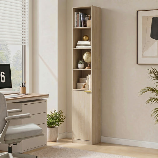 The storage cabinet is shown in a home office setting with books and decorative items on the shelves