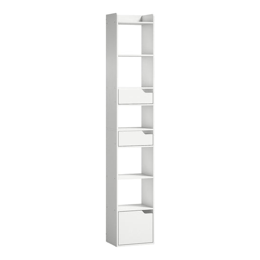 HOMCOM Bookcase Tall Narrow with five tiers and drawers in white wood effect