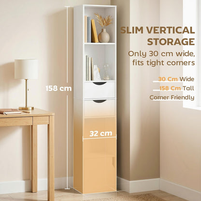 The tall white bookcase with drawers and cabinet is shown with dimensions and text about its slim vertical storage