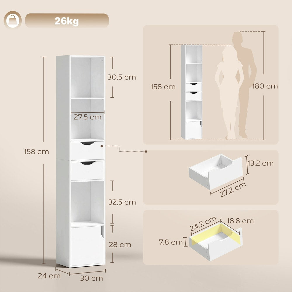 The white bookcase with drawers and cabinet shown with dimensions and a person for scale