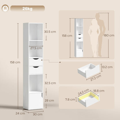 The white bookcase with drawers and cabinet shown with dimensions and a person for scale