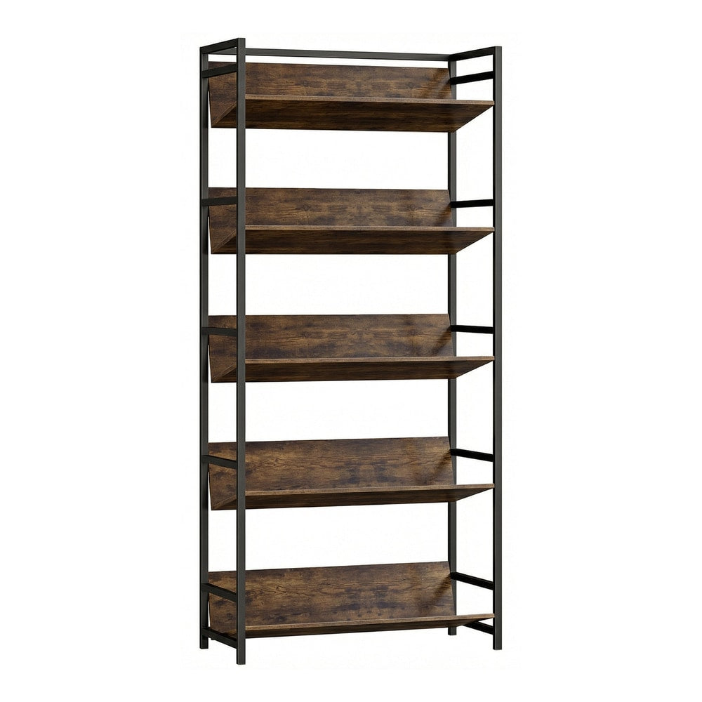 HOMCOM Bookshelf with five rustic brown shelves and a black metal frame on a white background