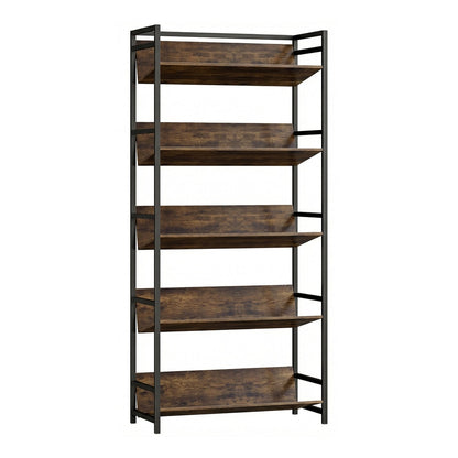 HOMCOM Bookshelf with five rustic brown shelves and a black metal frame on a white background