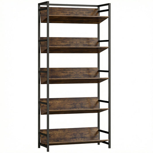 HOMCOM Bookshelf with five rustic brown shelves and a black metal frame on a white background