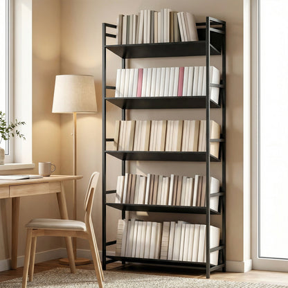 The black five-tier metal frame room divider bookcase is shown in a living room setting filled with books