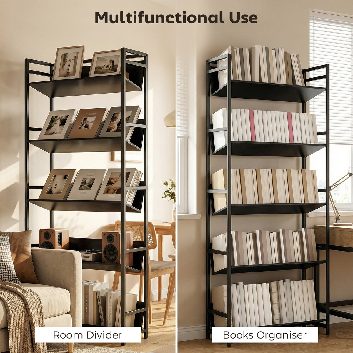 This black five-tier metal frame room divider bookcase is shown as a room divider and a book organiser