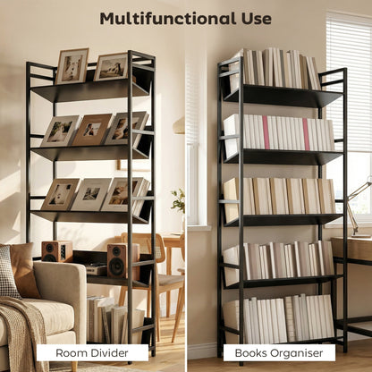 This black five-tier metal frame room divider bookcase is shown as a room divider and a book organiser