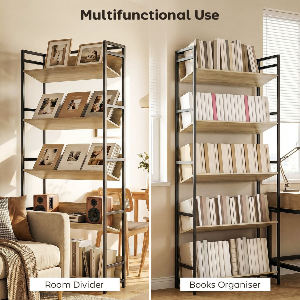 The oak effect bookcase is shown as a room divider and a book organiser