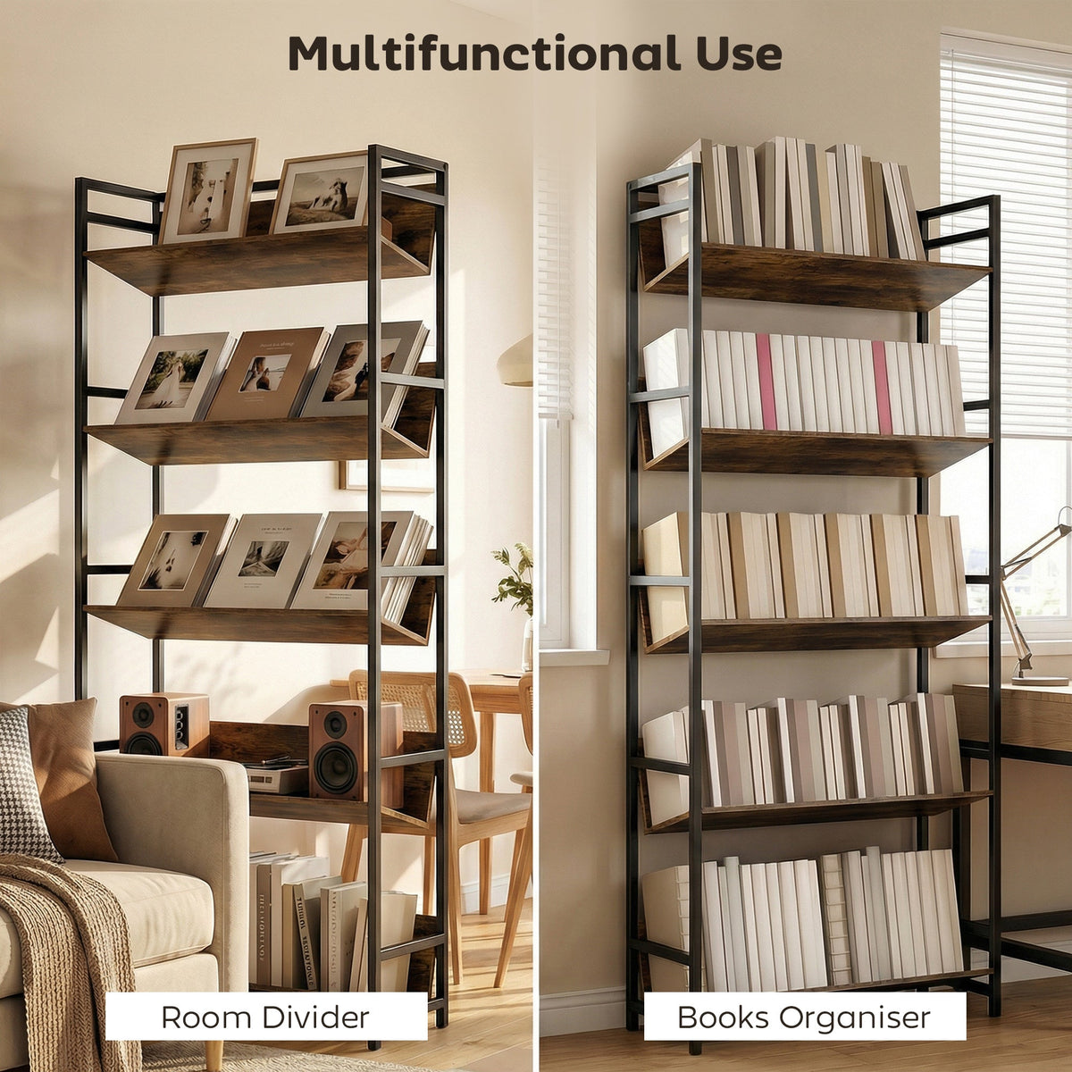 The room divider bookcase displaying photos and books in two different home settings