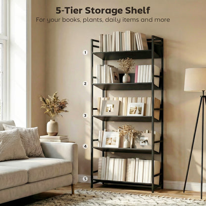 The black five-tier metal frame room divider bookcase is shown with numbered shelves for storage