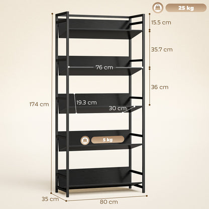 The black five-tier metal frame room divider bookcase has dimensions shown for height width and depth