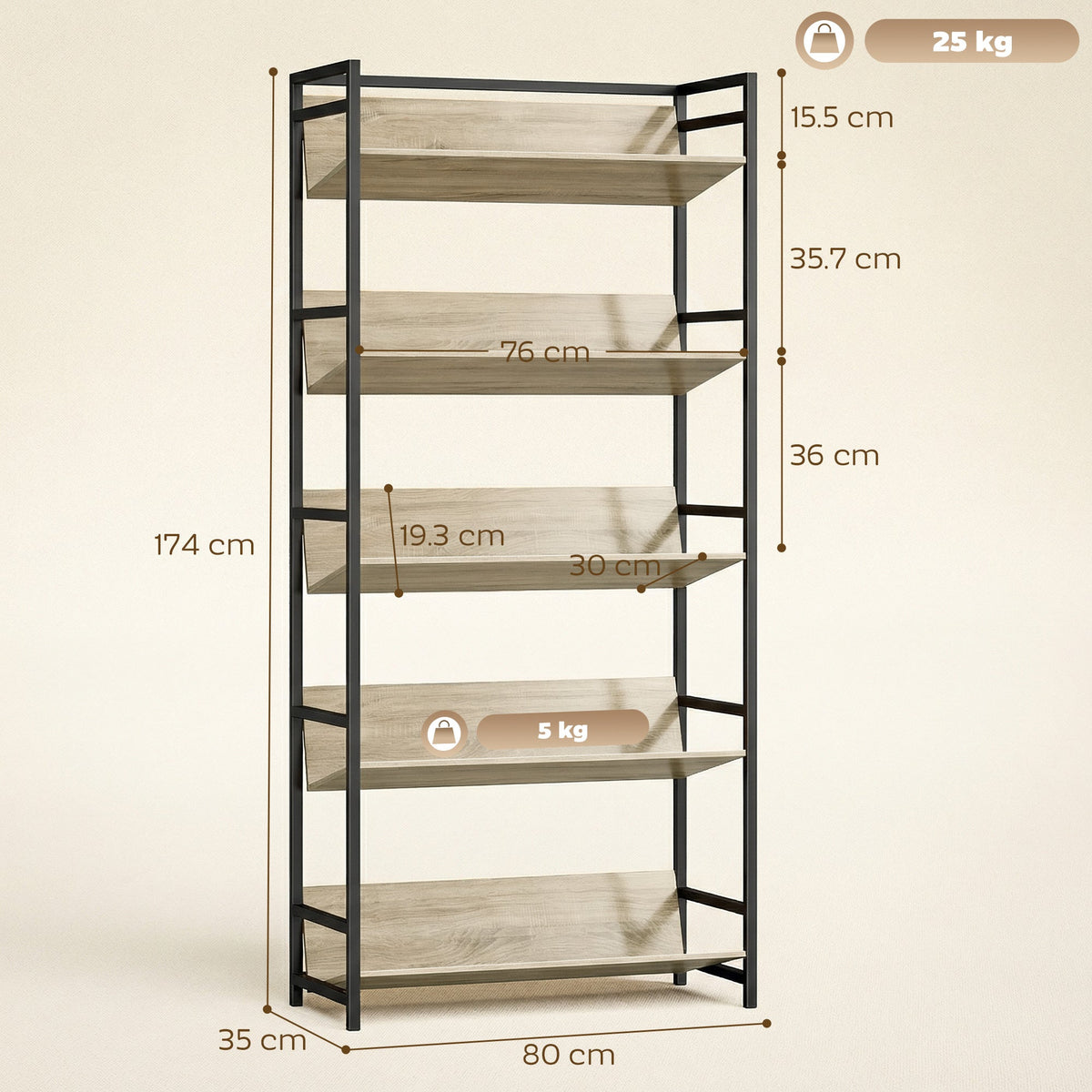 This shoe storage unit has dimensions labelled on the side and shelves