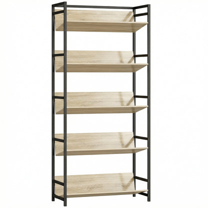 HOMCOM Bookshelf 5-tier metal frame room divider bookcase storage shelves for living room oak