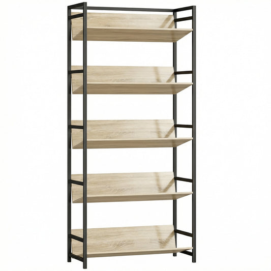 HOMCOM Bookshelf 5-tier metal frame room divider bookcase storage shelves for living room oak