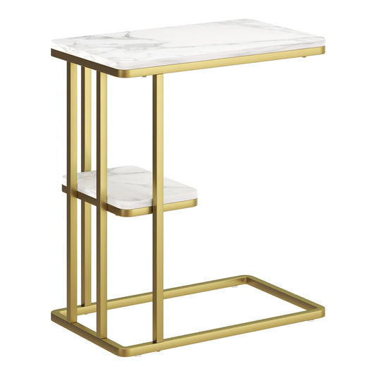 HOMCOM C-Shaped Narrow Side Table with white marble grain top and gold frame