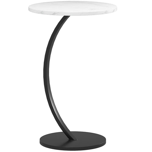 HOMCOM C Shaped Side Table with a round white marble effect top and a curved black metal frame