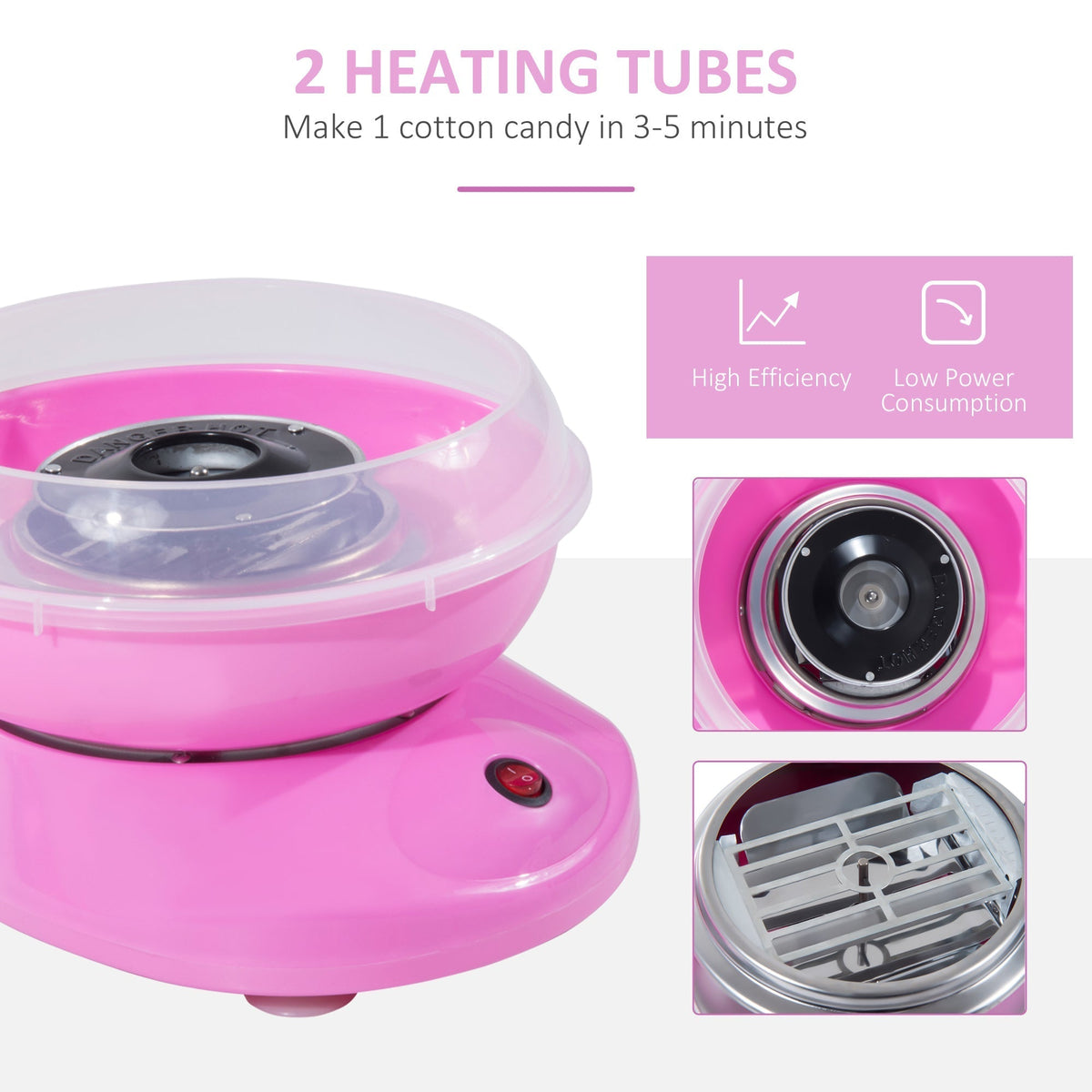 Close-up of the heating element and spinning head of the pink candy floss machine
