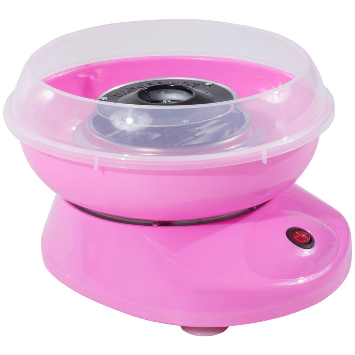 HOMCOM Candy Floss Machine in pink, a compact cotton candy maker with a clear lid and a red on/off switch