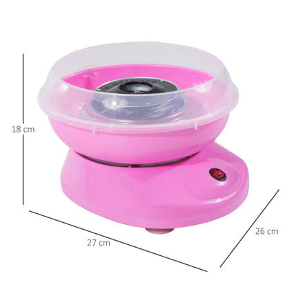 The pink cotton candy maker shown with black lines indicating its overall height, width and depth