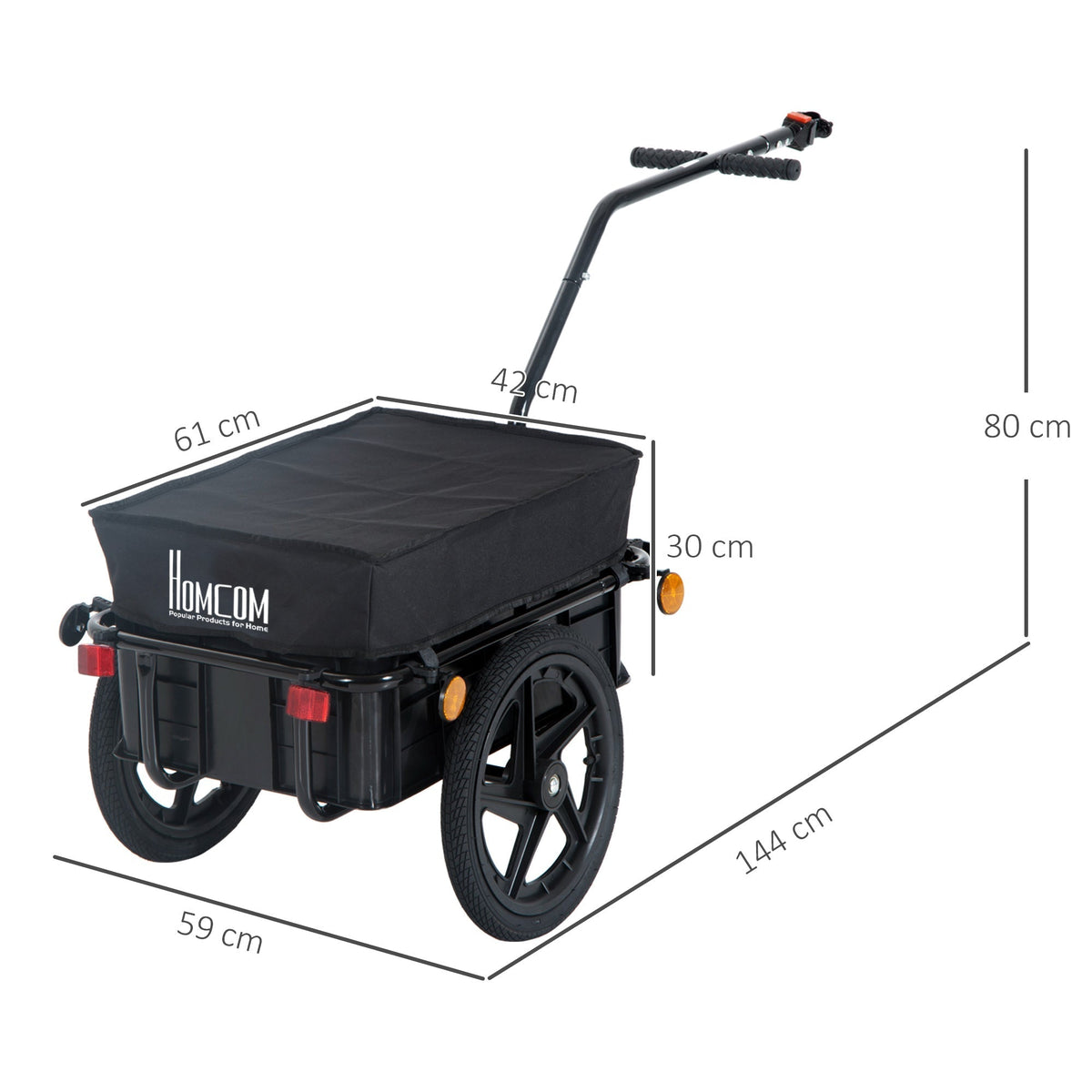 The garden trolley showing overall dimensions with arrows and labels