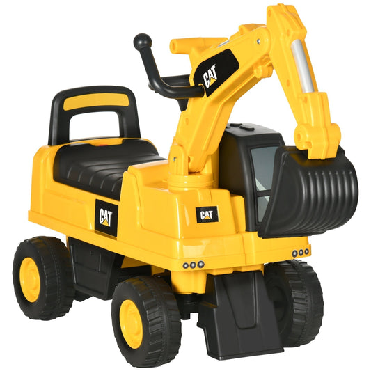 HOMCOM CAT Licensed Kids Ride on Digger Toddler Pretend Construction Play Toy with a yellow body and black seat