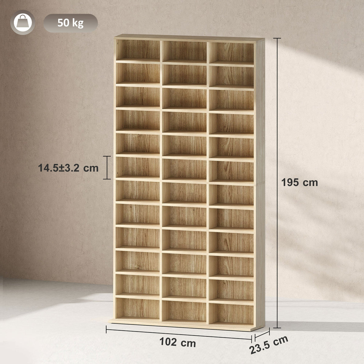 The large CD storage unit showing its dimensions and capacity
