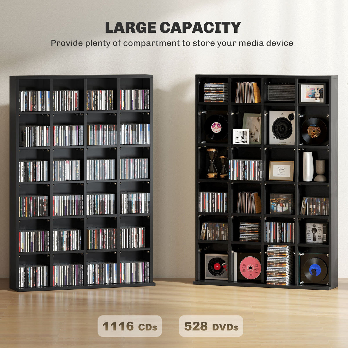 Two of the bookcases showing large storage capacity for many CDs and DVDs on the shelves