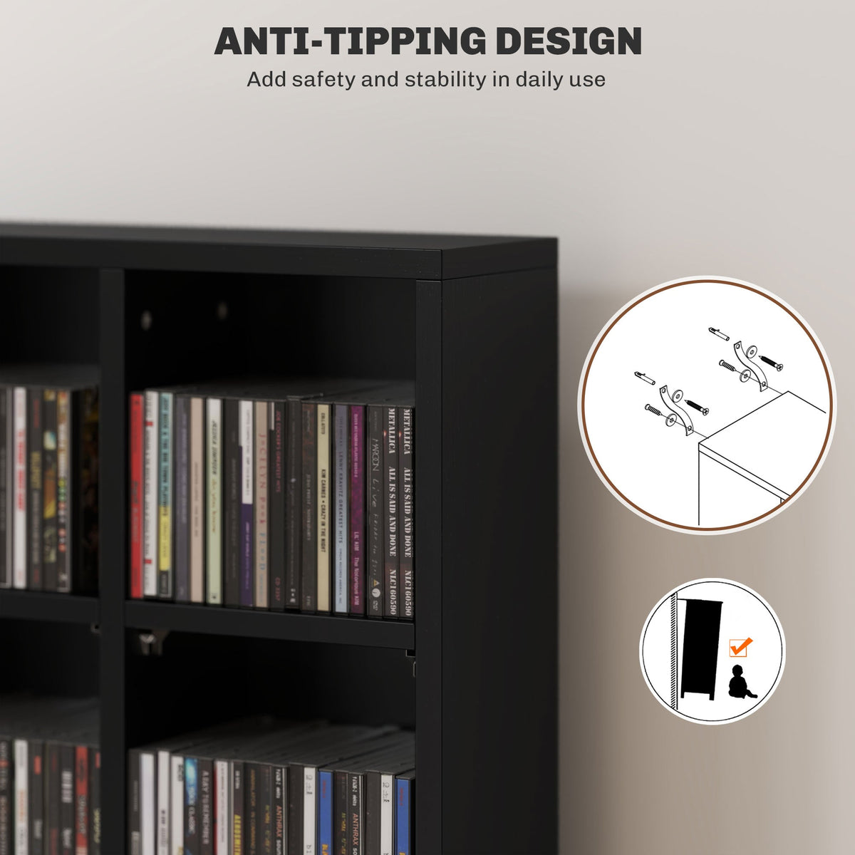The storage unit with an inset diagram illustrating the anti-tipping wall mounting hardware