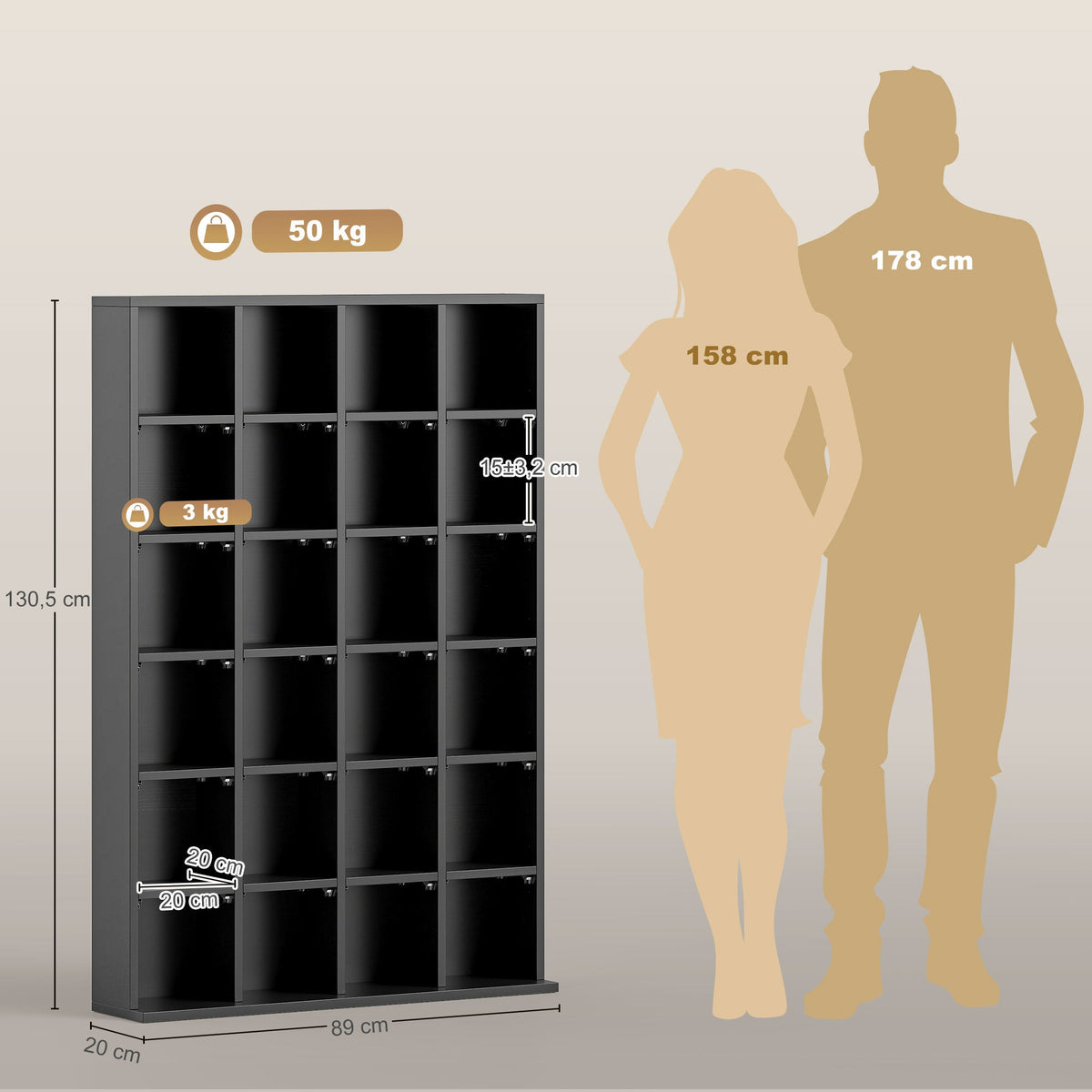 The shelving unit shown with height and width dimensions alongside silhouettes of two adults