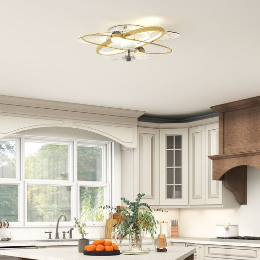 the gold tone ceiling light with clear blades installed in a modern kitchen