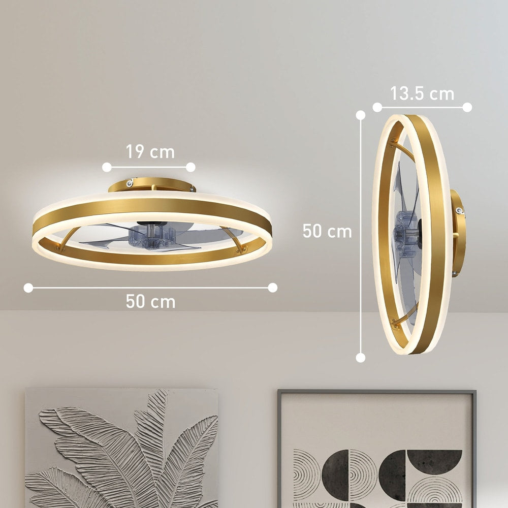 A gold-tone ceiling fan light with dimensions shown