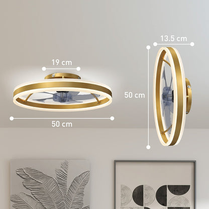 A gold-tone ceiling fan light with dimensions shown