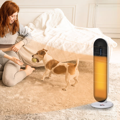 The white ceramic space heater in a living room with a woman and dog playing